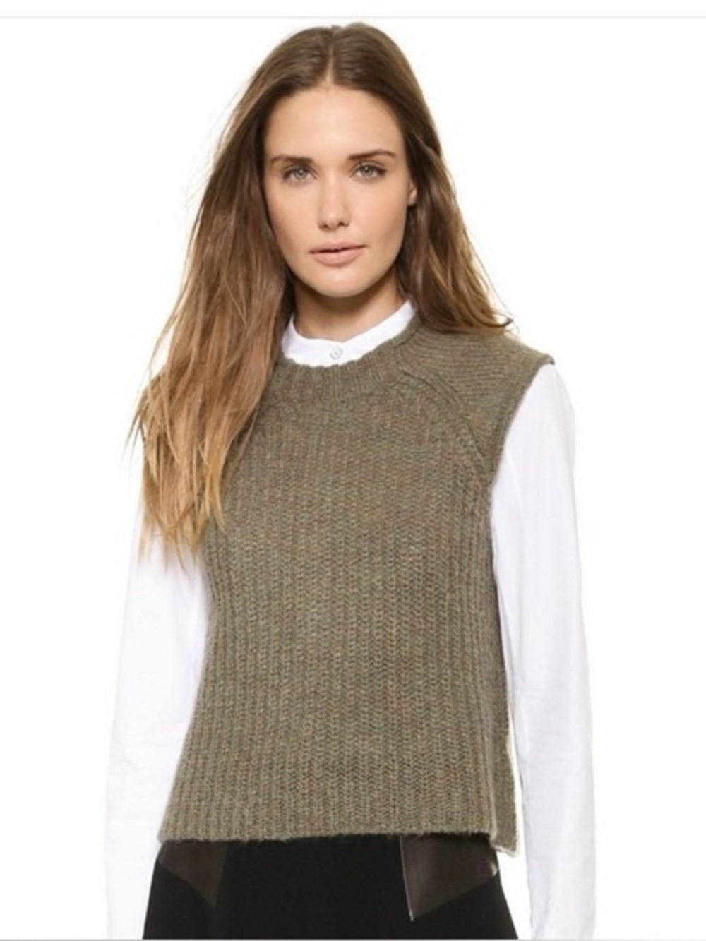 rag & bone Olive Ribbed Knit Sleeveless Crew Sweater
